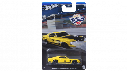 Тематическая Машинка Hot Wheels 1969 Ford Mustang Boss 302 Vintage Racing Club 1:64 HRT81/HRV08 Yellow - Retromagaz, image 1