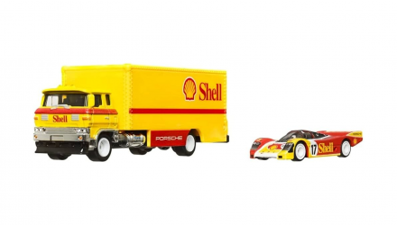 Машинка Premium Hot Wheels 2шт Porsche 962 та Транспортер Sakura Sprinter Shell Team Transport 1:64 FLF56/HCR34 Yellow - Retromagaz, image 2