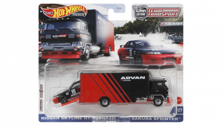 Машинка Premium Hot Wheels 2шт Nissan Skyline GT-R (BNR32) и Транспортер Sakura Sprinter Advan Team Transport 1:64 GRK55 Red - Retromagaz, image 1