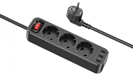 Мережевий фільтр Hoco NS2 3-position Extension Cord Socket Black 4000 W - Retromagaz, image 1