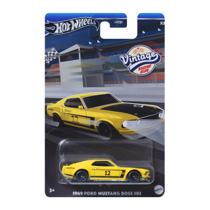 Тематическая Машинка Hot Wheels 1969 Ford Mustang Boss 302 Vintage Racing Club 1:64 HRT81/HRV08 Yellow - Retromagaz