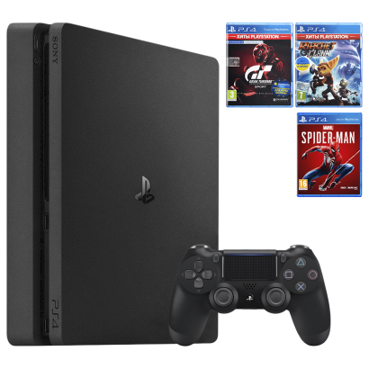 Набор Консоль Sony PlayStation 4 Slim 1TB Black Б/У  + Игра Marvel's Spider-Man Русская Озвучка + Gran Turismo Sport + Ratchet & Clank - Retromagaz