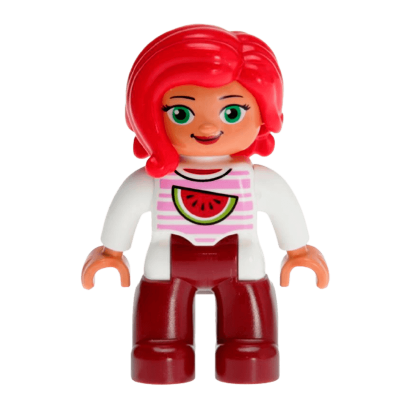 Фигурка Lego Girl Dark Red Legs White Top with Bright Pink Stripes and Watermelon Pattern Green Eyes Red Hair Duplo 47394pb226 1 Б/У - Retromagaz