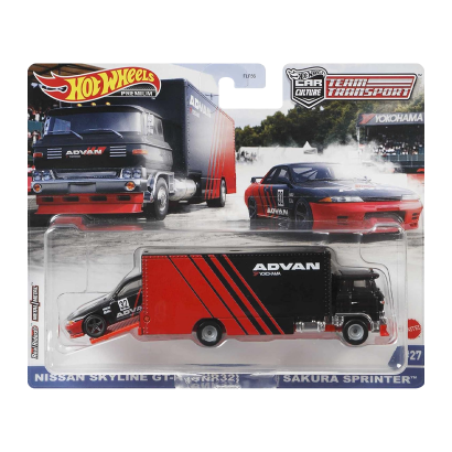 Машинка Premium Hot Wheels 2шт Nissan Skyline GT-R (BNR32) и Транспортер Sakura Sprinter Advan Team Transport 1:64 GRK55 Red - Retromagaz