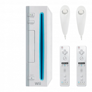 Набор Консоль Nintendo Wii RVL-001 Europe Модифицированная 32GB White + 10 Встроенных Игр Без Геймпада Б/У  + Контроллер Беспроводной RMC Remote Plus Новый 2шт + Проводной  Nunchuk  2шт