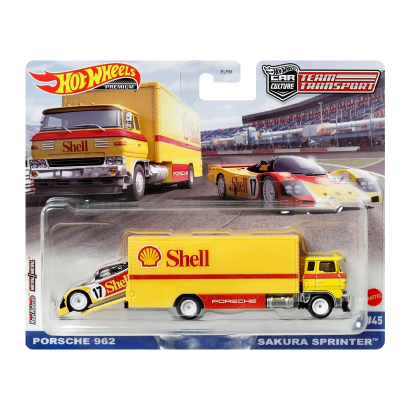 Машинка Premium Hot Wheels 2шт Porsche 962 та Транспортер Sakura Sprinter Shell Team Transport 1:64 FLF56/HCR34 Yellow - Retromagaz