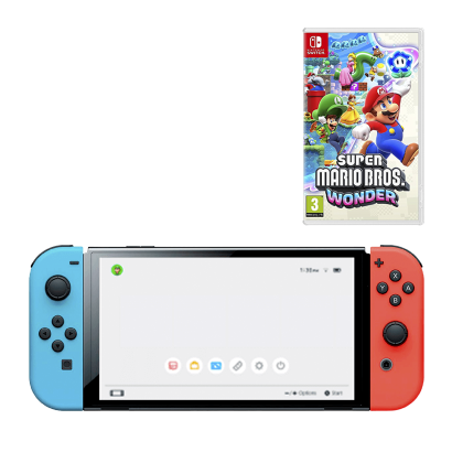 Набір Консоль Nintendo Switch OLED Model HEG-001 64GB Blue Red Новий  + Гра New Super Mario Bros. Wonder Російські Субтитри - Retromagaz