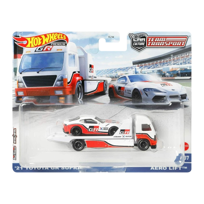 Машинка Premium Hot Wheels 2шт '21 Toyota GR Supra и Транспортер Aero Lift Team Transport 1:64 GRK65 White - Retromagaz