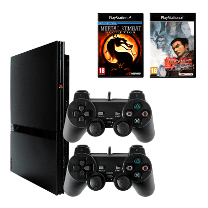 Набор Консоль Sony PlayStation 2 Slim SCPH-7xxx Chip Black Б/У  + Геймпад Проводной RMC Новый + Игра  Mortal Kombat Deception Русская Озвучка + Tekken Tag Tournament Английская Версия - Retromagaz