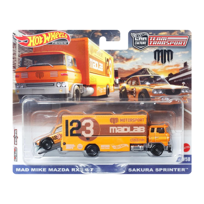 Машинка Premium Hot Wheels 2шт Mazda RX3 GT и Транспортер Sakura Sprinter Mad Mike Team Transport 1:64 FLF56/HKF44 Orange - Retromagaz