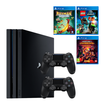 Набор Консоль Sony PlayStation 4 Pro CUH-72xx 1TB Black Б/У + Игра Rayman Legends Русская Озвучка + Lego Jurassic World Русские Субтитры + Геймпад Беспроводной DualShock 4 Version 2 + Игра Minecraft Dungeons Hero Edition Русские Субтитры - Retromagaz