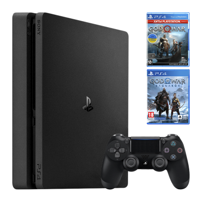 Набор Консоль Sony PlayStation 4 Slim 500GB Black Б/У  + Игра God of War Ragnarok Русская Озвучка + God of War - Retromagaz