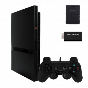 Набор Консоль Sony PlayStation 2 Slim SCPH-7xxx Chip Black Б/У  + Адаптер RMC Новый + Карта Памяти - Retromagaz