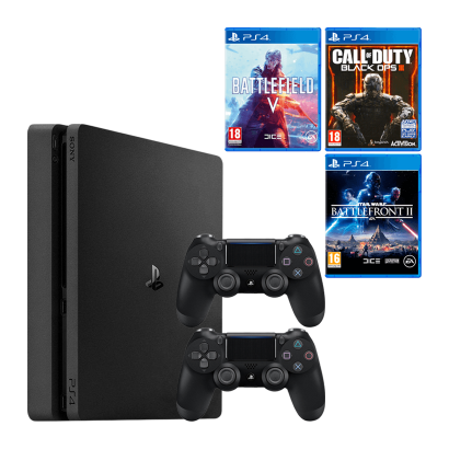 Набор Консоль Sony PlayStation 4 Slim 1TB Black Б/У + Геймпад Беспроводной DualShock 4 Version 2 + Игра Call of Duty: Ops III Русская Озвучка + Battlefield V Русские Субтитры + Star Wars: Battlefront II - Retromagaz