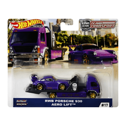 Машинка Premium Hot Wheels 2шт RWB Porsche 930 та Транспортер Aero Lift Team Transport 1:64 GJT37 Purple - Retromagaz