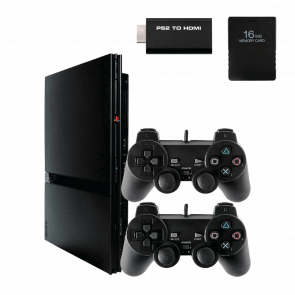 Набор Консоль Sony PlayStation 2 Slim SCPH-7xxx Chip Black Б/У  + Геймпад Проводной RMC Новый + Карта Памяти 16MB + Адаптер HDMI