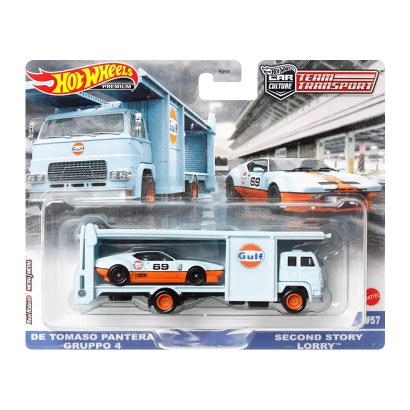 Машинка Premium Hot Wheels 2шт De Tomaso Pantera Gulf та Транспортер Second Story Lorry Team Transport 1:64 FLF56/HKF43 Blue - Retromagaz