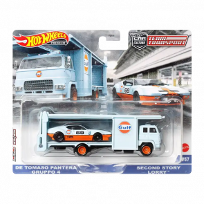 Машинка Premium Hot Wheels 2шт De Tomaso Pantera Gulf та Транспортер Second Story Lorry Team Transport 1:64 FLF56/HKF43 Blue - Retromagaz