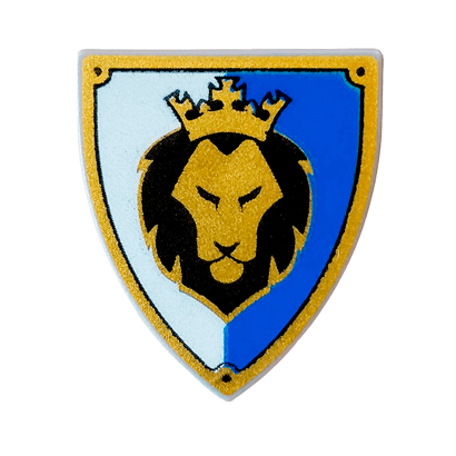 Оружие Lego Щит Triangular with Black and Gold Lion Head with Crown 3846pb036 6039770 Light Bluish Grey Б/У - Retromagaz