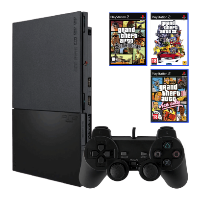 Набор Консоль Sony PlayStation 2 Slim SCPH-9xxx Europe Black Б/У  + Игра Grand Theft Auto III Английская Версия + Grand Theft Auto: Vice City + Grand Theft Auto San Andreas - Retromagaz