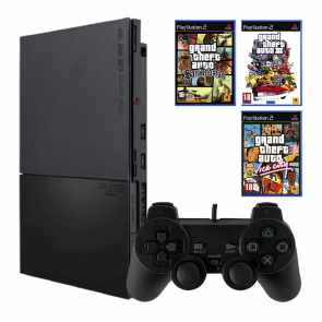 Набор Консоль Sony PlayStation 2 Slim SCPH-9xxx Europe Black Б/У  + Игра Grand Theft Auto III Английская Версия + Grand Theft Auto: Vice City + Grand Theft Auto San Andreas