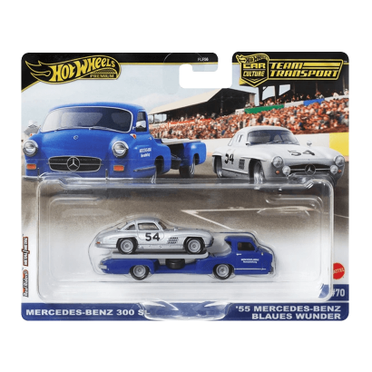 Машинка Premium Hot Wheels 2шт Mercedes-Benz 300 SL и Транспортер '55 Blaues Wunder Team Transport 1:64 HRV48 Silver - Retromagaz