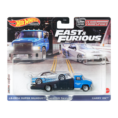 Машинка Premium Hot Wheels 2шт LB-ER34 Super Silhouette Nissan Skyline и Транспортер Carry On Fast & Furious Team Transport 1:64 HPX97 Silver - Retromagaz