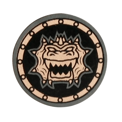 Оружие Lego Щит Round Flat with Gold Dragon Head with Jagged Teeth Pattern 59231pb04 4668452 Pearl Dark Grey Б/У - Retromagaz