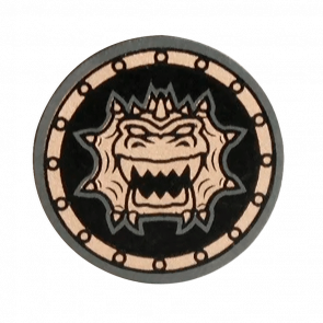 Оружие Lego Щит Round Flat with Gold Dragon Head with Jagged Teeth Pattern 59231pb04 4668452 Pearl Dark Grey Б/У - Retromagaz