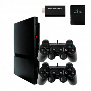 Набор Консоль Sony PlayStation 2 Slim SCPH-7xxx Chip Black Б/У + Геймпад Проводной RMC Новый + Карта Памяти + Адаптер