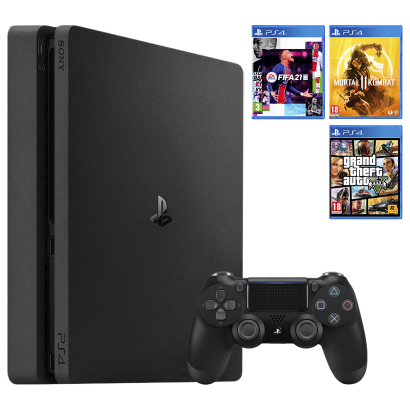 Набор Консоль Sony PlayStation 4 Slim 500GB Black Б/У  + Игра Grand Theft Auto V Русские Субтитры + Mortal Kombat 11 + FIFA 21 Русская Озвучка - Retromagaz