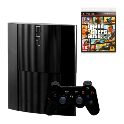 Набор Консоль Sony PlayStation 3 Super Slim 500GB Black Б/У  + Игра Grand Theft Auto V Русские Субтитры - Retromagaz