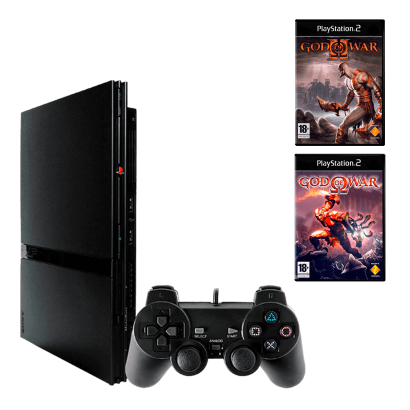 Набор Консоль Sony PlayStation 2 Slim SCPH-7xxx Chip Black Б/У + Игра RMC God of War Русские Субтитры Новый + God of War II - Retromagaz