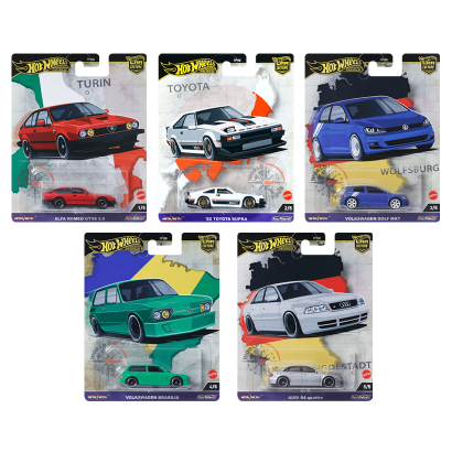 Набір Машинка Premium Hot Wheels Alfa Romeo GTV6 3.0 World Tour 1:64 HRV80 Red  + '82 Toyota Supra White + Volkswagen Golf Mk7 Blue + Brasilia Green + Audi S4 Quattro Silver - Retromagaz