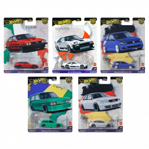 Набор Машинка Premium Hot Wheels Alfa Romeo GTV6 3.0 World Tour 1:64 HRV80 Red  + '82 Toyota Supra White + Volkswagen Golf Mk7 Blue + Brasilia Green + Audi S4 Quattro Silver - Retromagaz